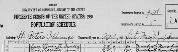 This excerpt from the 1930 US census shows the Vesey children, Loretta, 8 years, and Francis, 6 years, inmates of St. Peter's Orphanage.