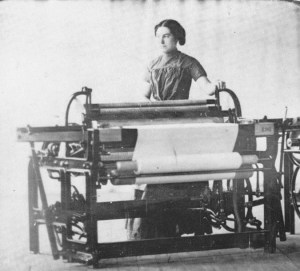 Girl at factory loom, 19th century.