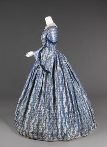 American Wedding Dress circa 1860, blue print, solid blue trim.